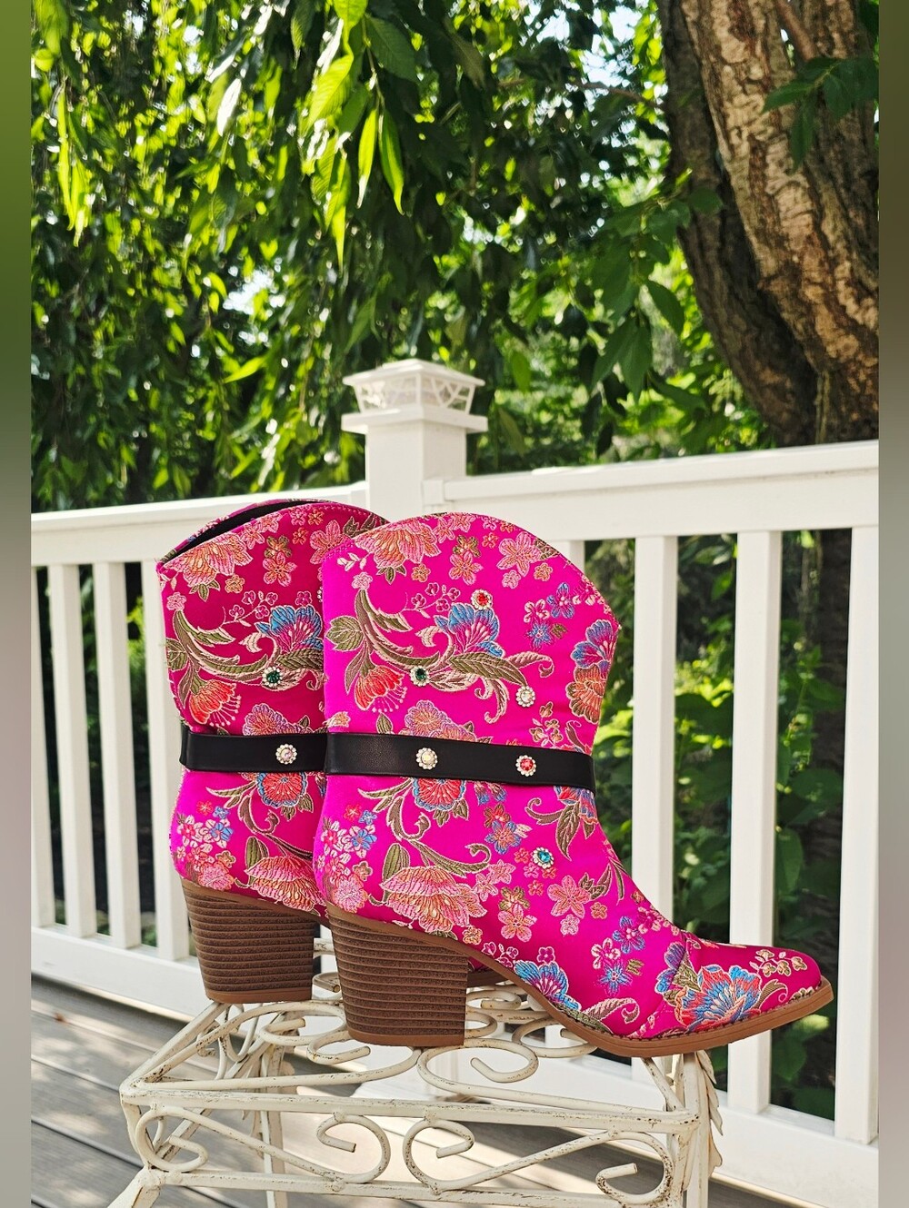 Vibrant Chinoiserie Floral & Rhinestone Western Ankle Boots